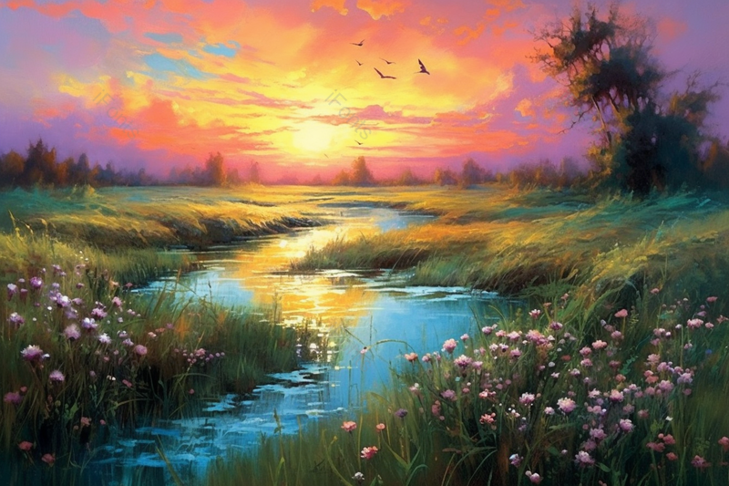 唯美森林河流湖泊日落多彩橙色日落油画风格插画,插画/手绘图,插画/手绘图库,插画/手绘图下载,插画/手绘